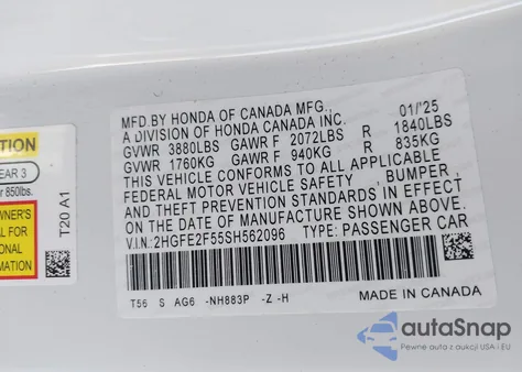 2025 Honda Civic Sport из США, поврежденный, VIN 2HGFE2F55SH562096